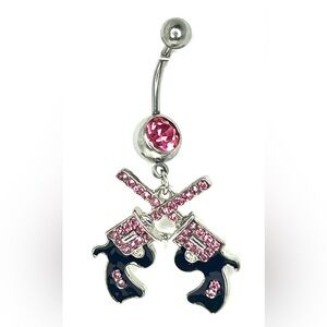 NEW Pink Rhinestone Bling Double Pistol Belly Ring Body Jewelry 14g316L surgical